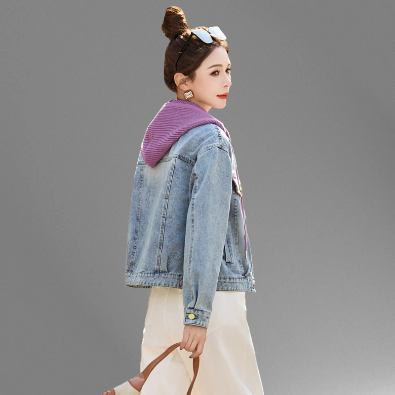 小个子牛仔外套女短款2025新款春秋宽松休闲百搭洋气连帽夹克上衣