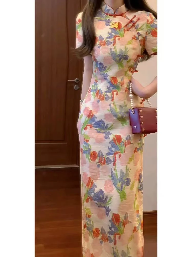 花语｜如愿碎花长裙低开衩新中式荷叶裙旗袍少女中国风脏脏风