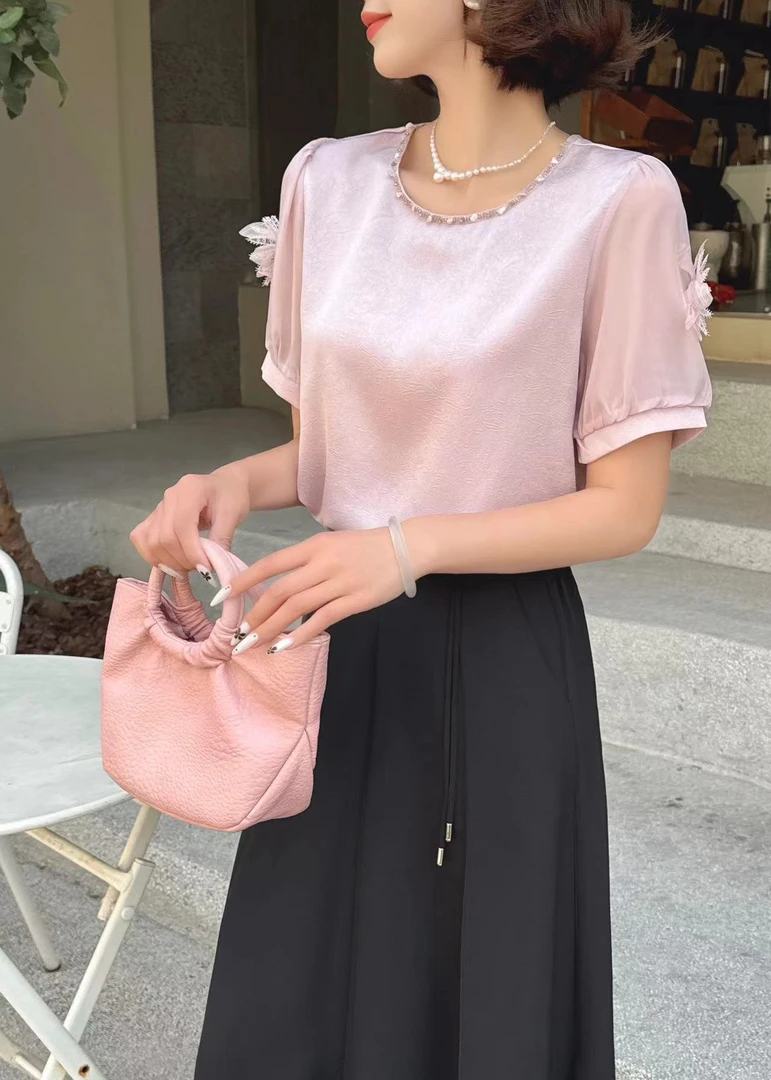 【千金坊】夏季新款高品质圆领重工款百搭气质款小衫