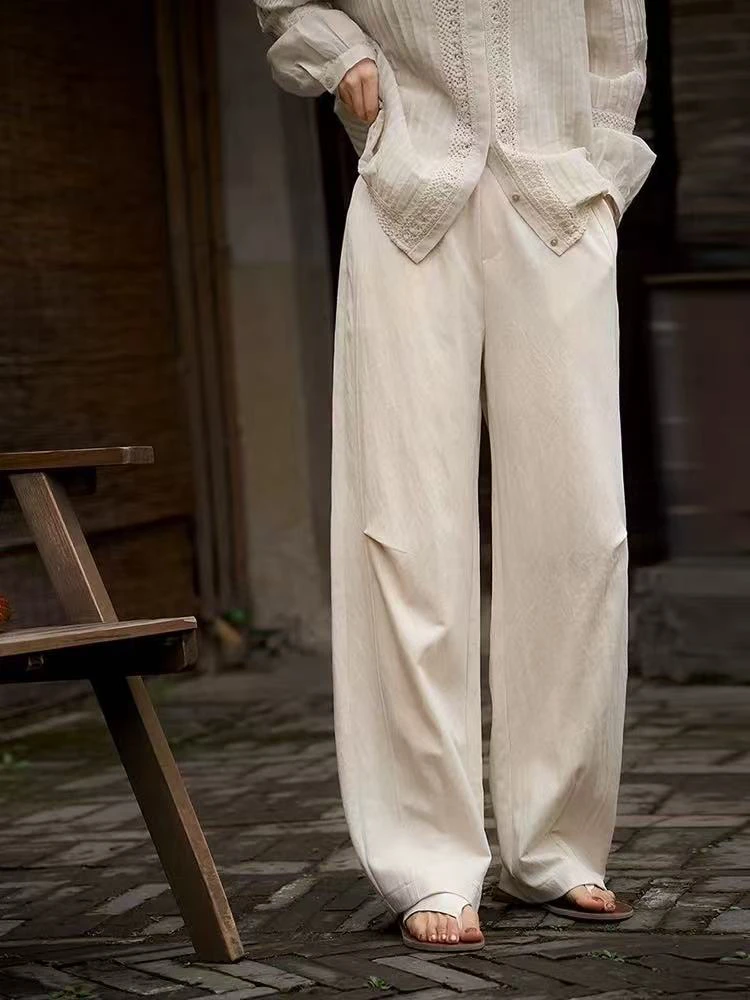 定制2025春季新款亚麻牛仔结构型遮肉休闲阔腿裤时尚百搭长裤1197