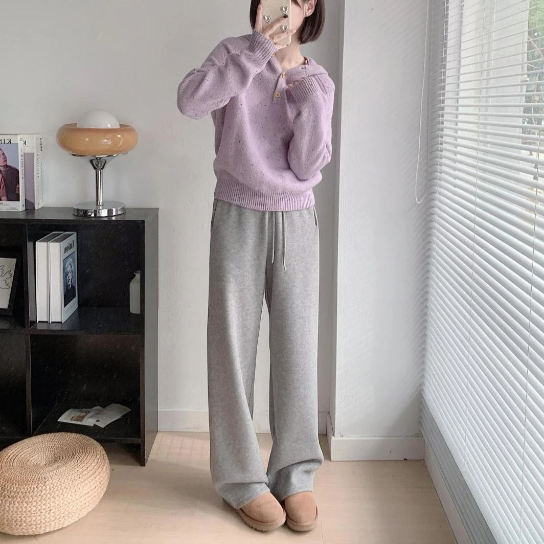 2025秋季新款韩系套装女设计感紫色连帽毛衣搭配灰色休闲裤两件套