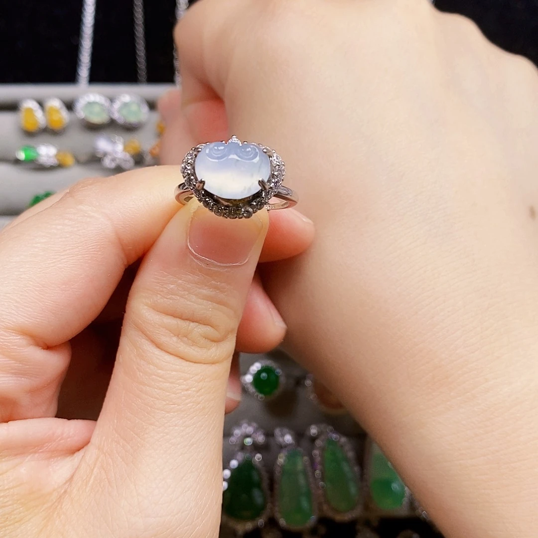 翡翠戒指银S925镶嵌如意