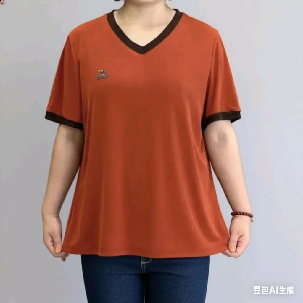 300斤加大码夏季新款休闲短袖胖妈妈纯色V领宽松洋气百搭T恤衫
