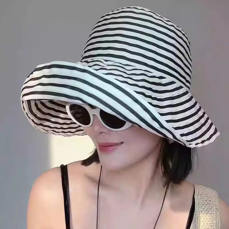日系可折叠夏季条纹渔夫帽女新款长防晒帽子时尚盆帽大头围太阳帽