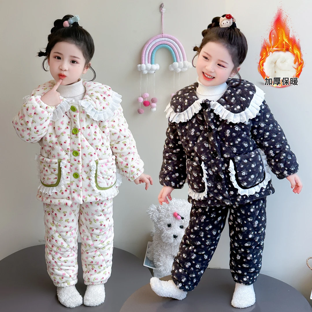 儿童睡衣冬季女宝三层夹棉加厚珊瑚绒女孩碎花棉衣套装女童家居服