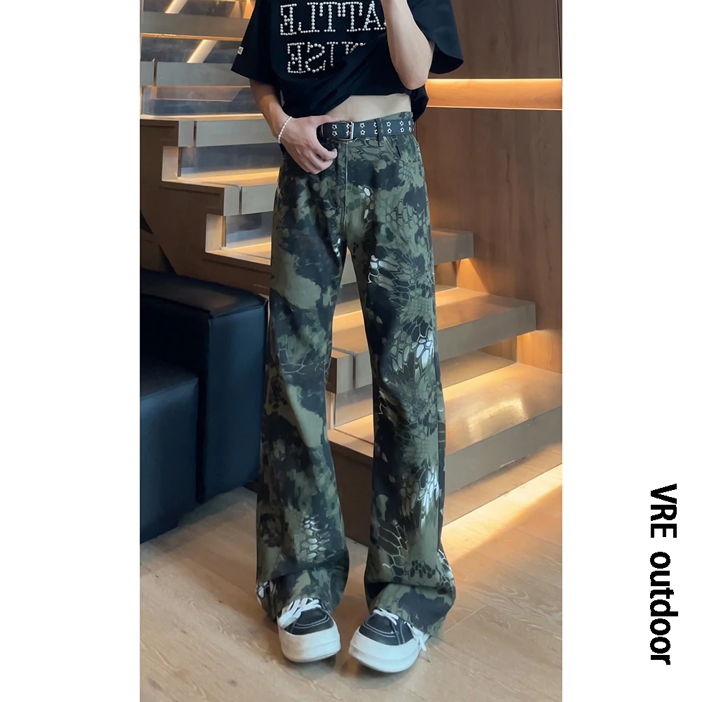 美式复古迷彩牛仔裤男高街水洗微喇裤子设计感ins显高显瘦直筒裤