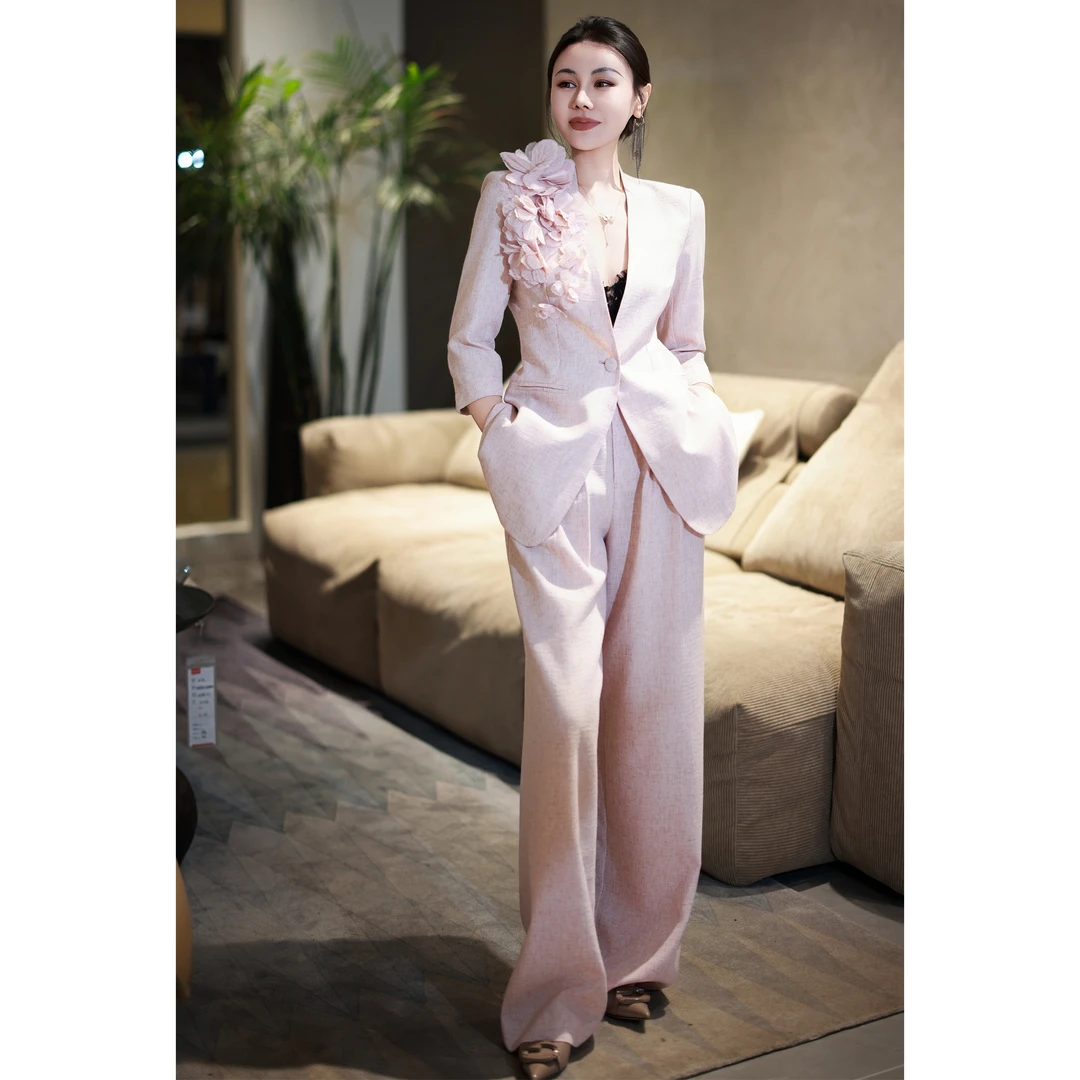 ZEROYK简约时尚亚麻套装女夏季新款手工订花宽松西装阔腿裤两件套