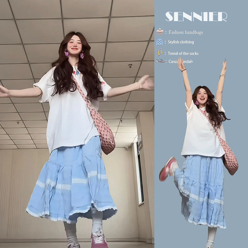 夏季穿搭女2025新款减龄多巴胺圆领印花短袖T恤花边半身裙两件套