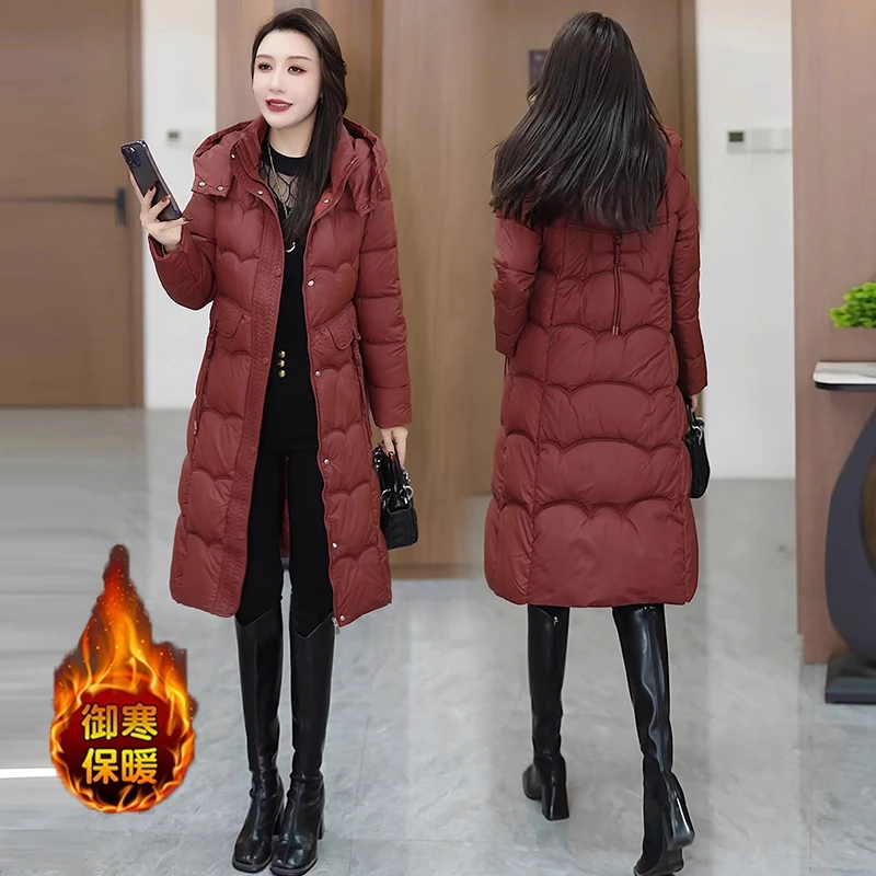 时尚连帽棉服女2025年冬季新款修身显瘦中长款过膝保暖棉衣外套