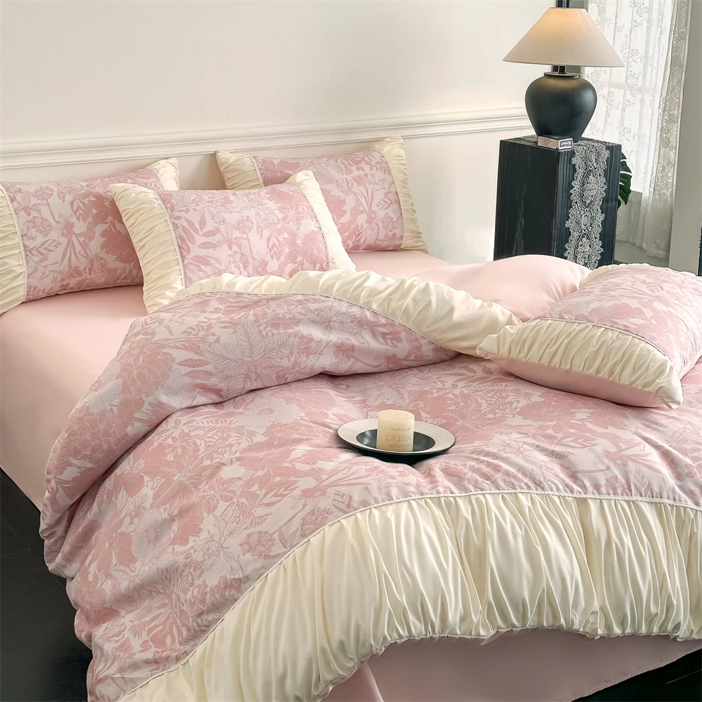 A类法式少女奶油风夏季水洗棉床上四件套公主风花边被套床笠床裙4