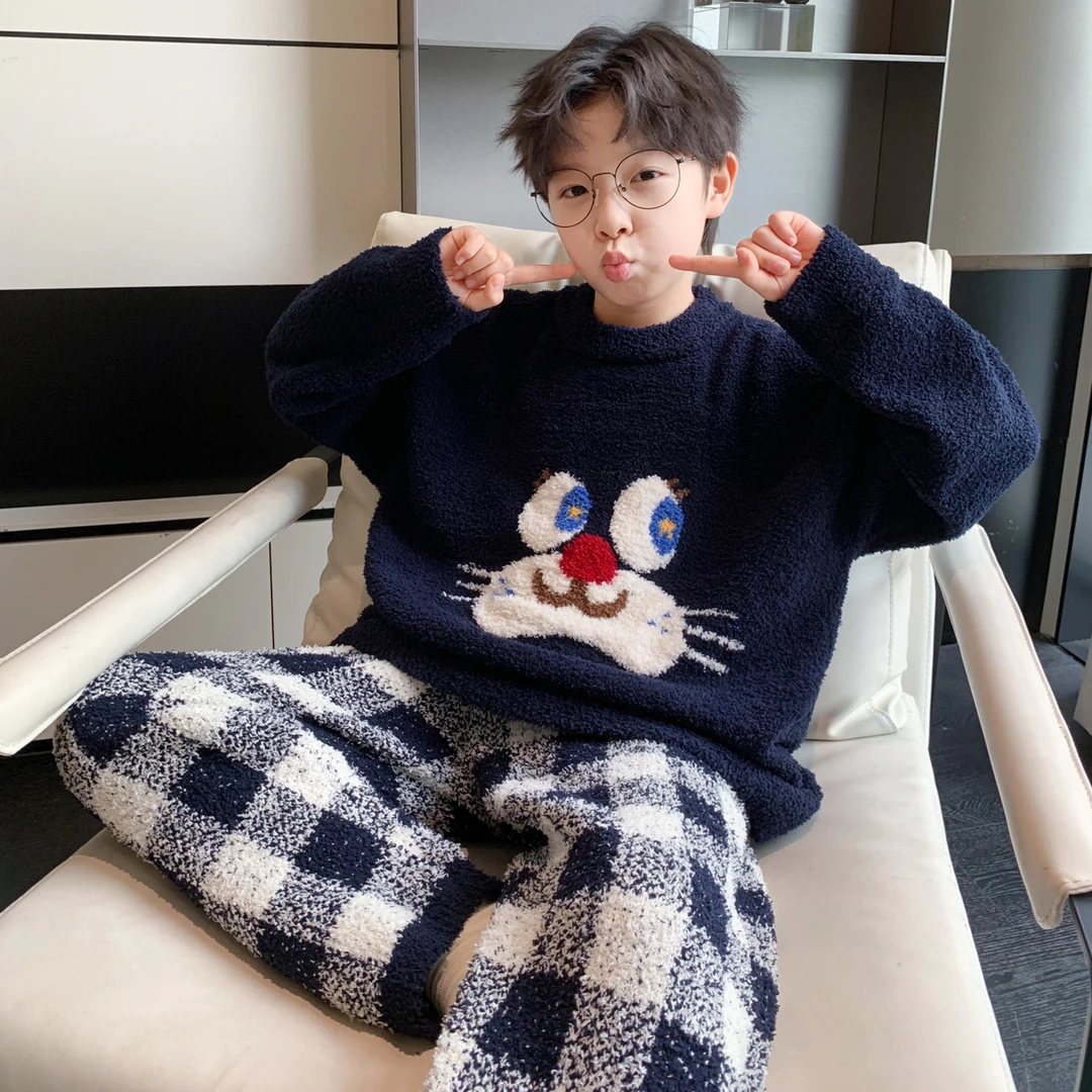 儿童装男童睡衣冬季家居服加绒珊瑚绒男孩秋冬款大童加厚法兰绒潮