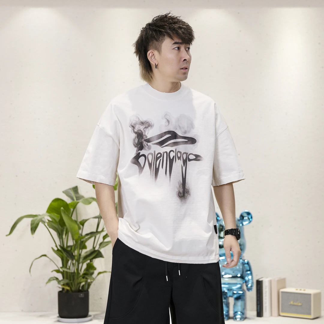 夏季男士重磅纯棉扎染字母圆领T桖美式休闲青少年宽松半袖上衣