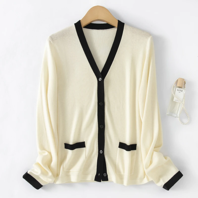 简约百搭小香风拼色V领针织羊毛开衫女士长袖外套秋冬新款