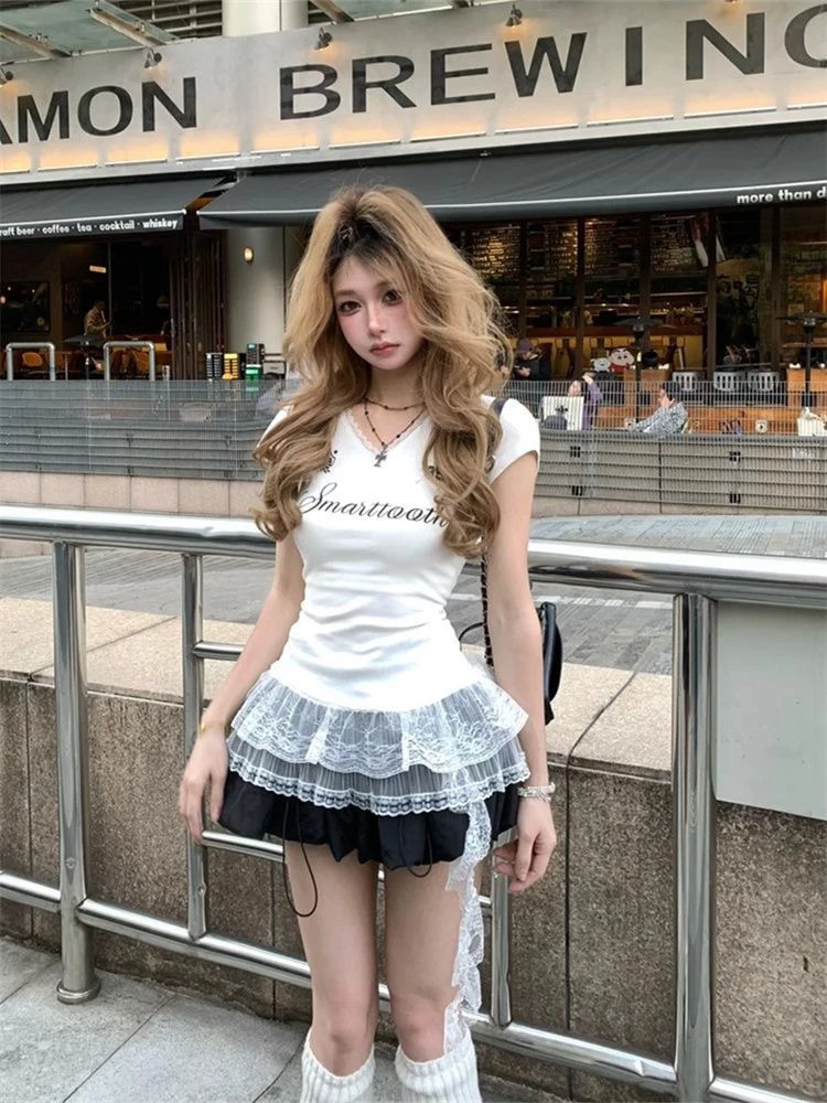 【破价秒发两件套】甜辣风夏季小众别致辣妹修身百搭蕾丝拼接