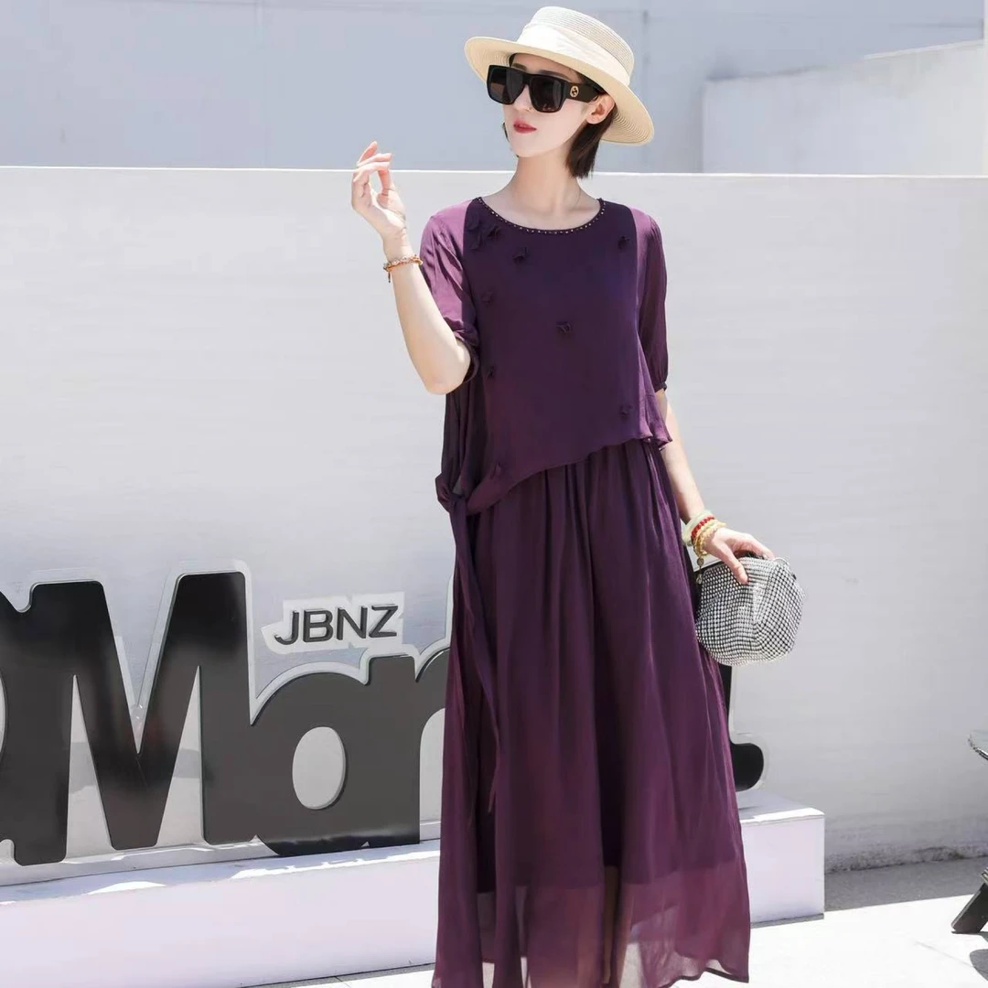 圆领宽松时尚显瘦上衣直筒半身裙两件套裙子中长款洋气百搭气质