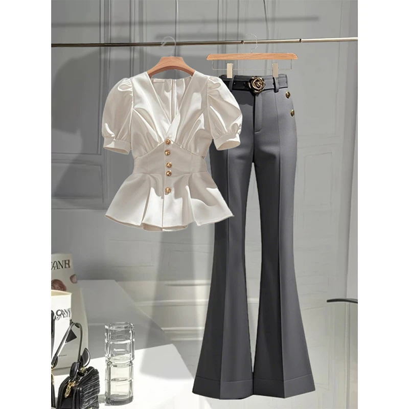 2025夏季新款欧若风气质法式大气显瘦短袖上衣灰色休闲裤两件套女