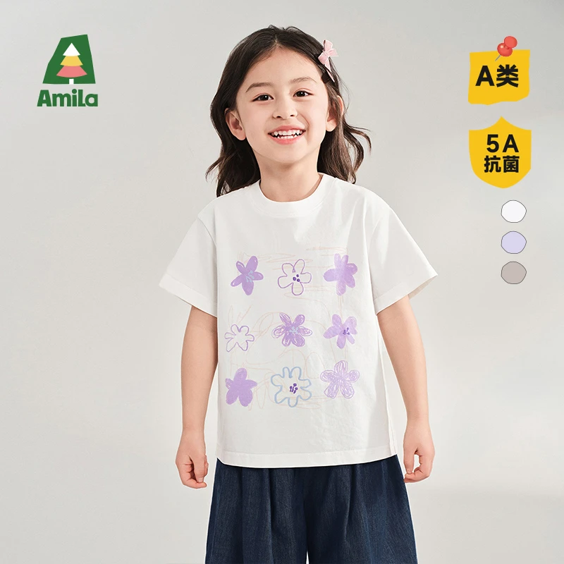 Amila啊咪啦儿童2025年夏女童涂鸦印花纯色百搭T恤ZX5TX072