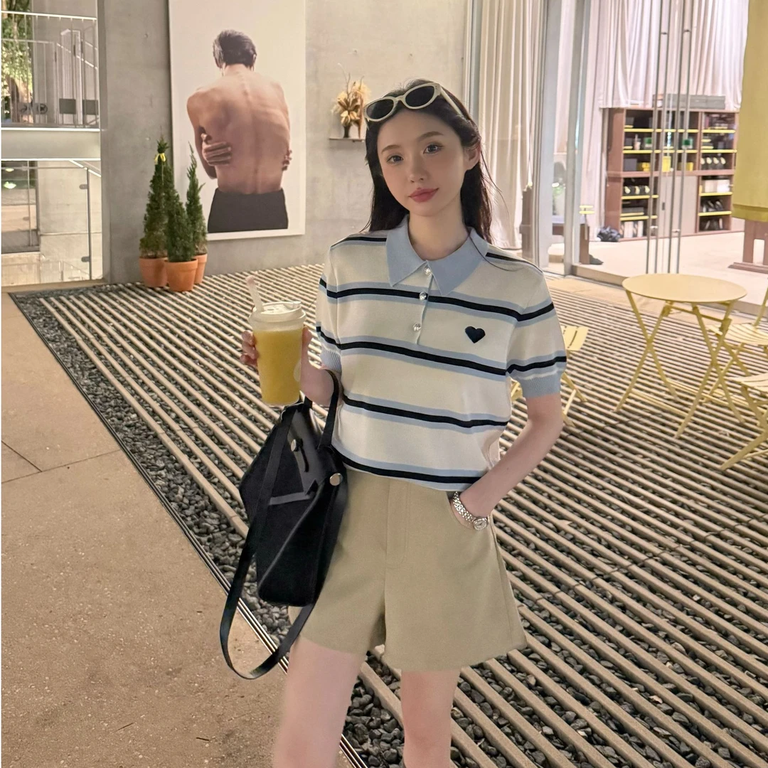 【条纹POLO夏季冰丝POLO针织衫条纹学院高级小众爱心甜美学院休闲1