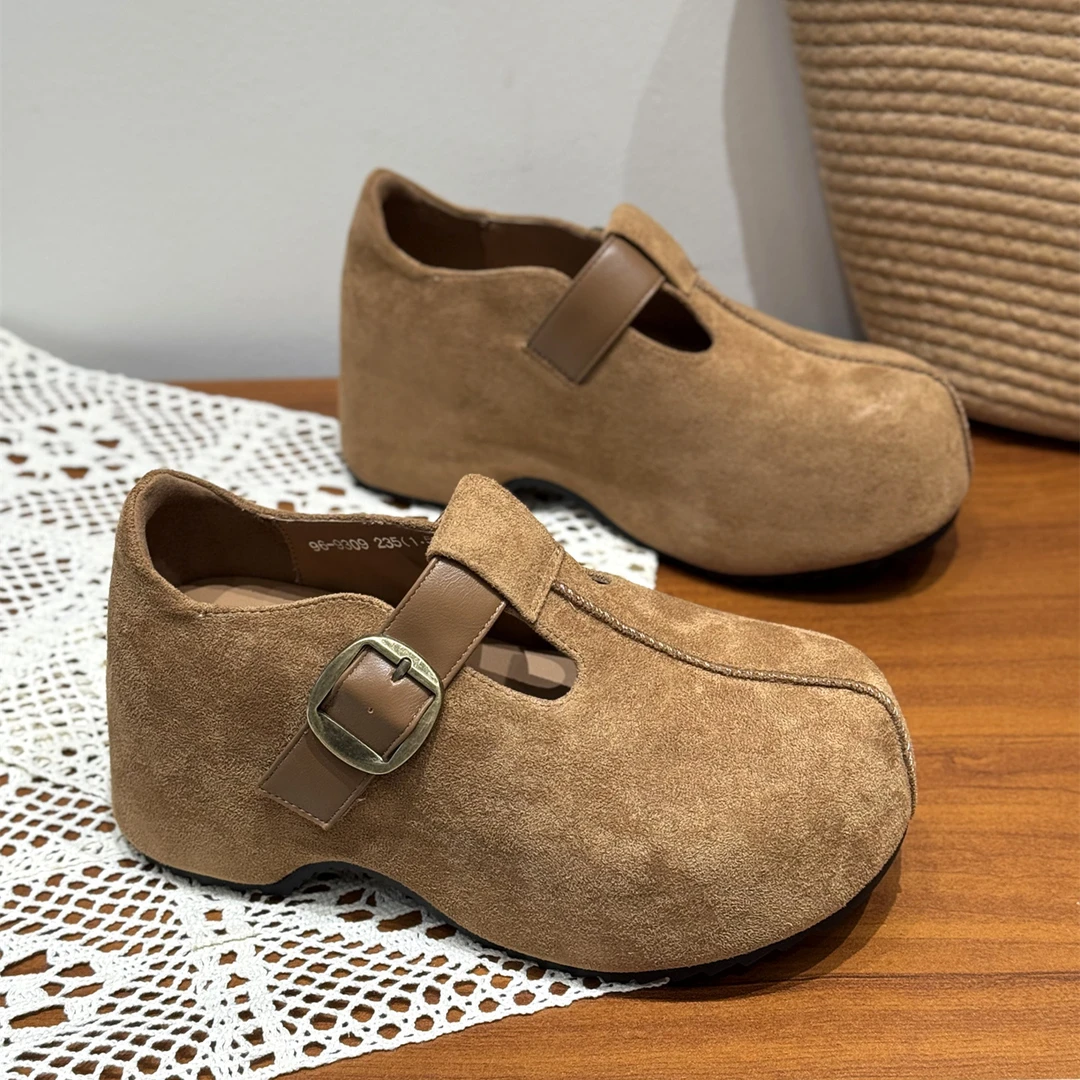 6cm小个子增高百搭爆款勃肯鞋女2025新款秋厚底复古绒面时髦单鞋