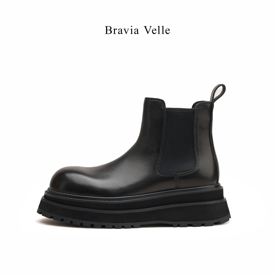 Bravia Velle 秋冬男款加绒百搭圆头德比潮流靴子高帮厚底中筒靴