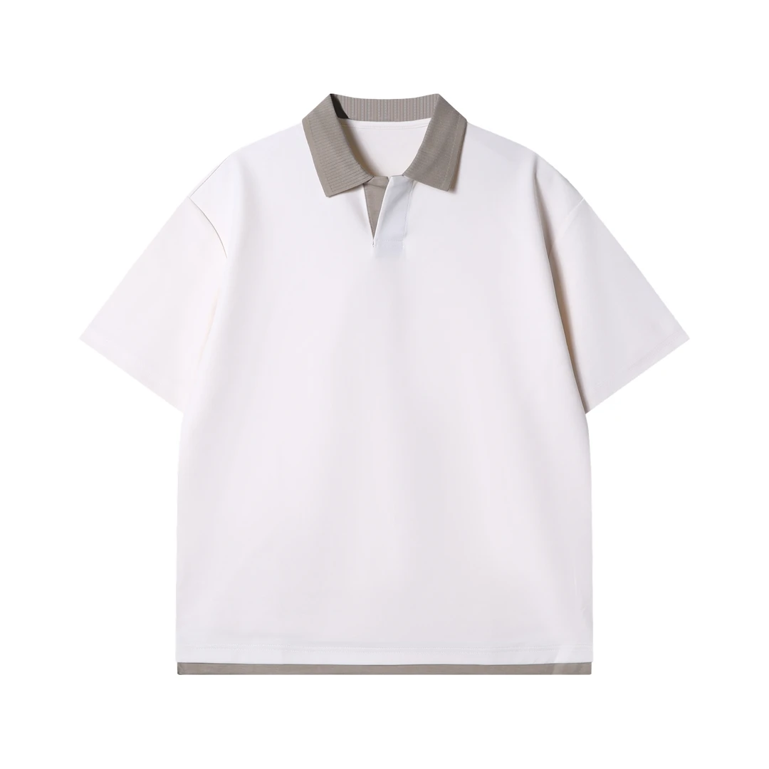 夏季高级感新款韩版撞色小V翻领短袖T恤百搭情侣简约套头上衣