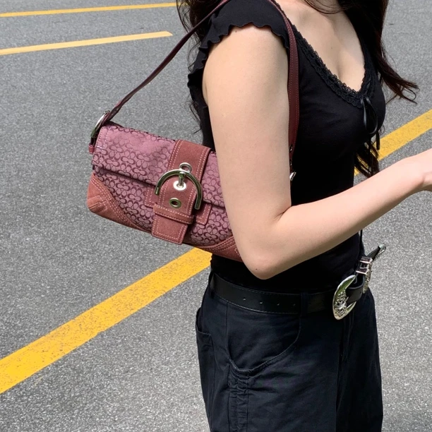 99新 COACH/蔻驰 Coach干枯玫瑰色老花帆布拼麂皮法棍包单肩包