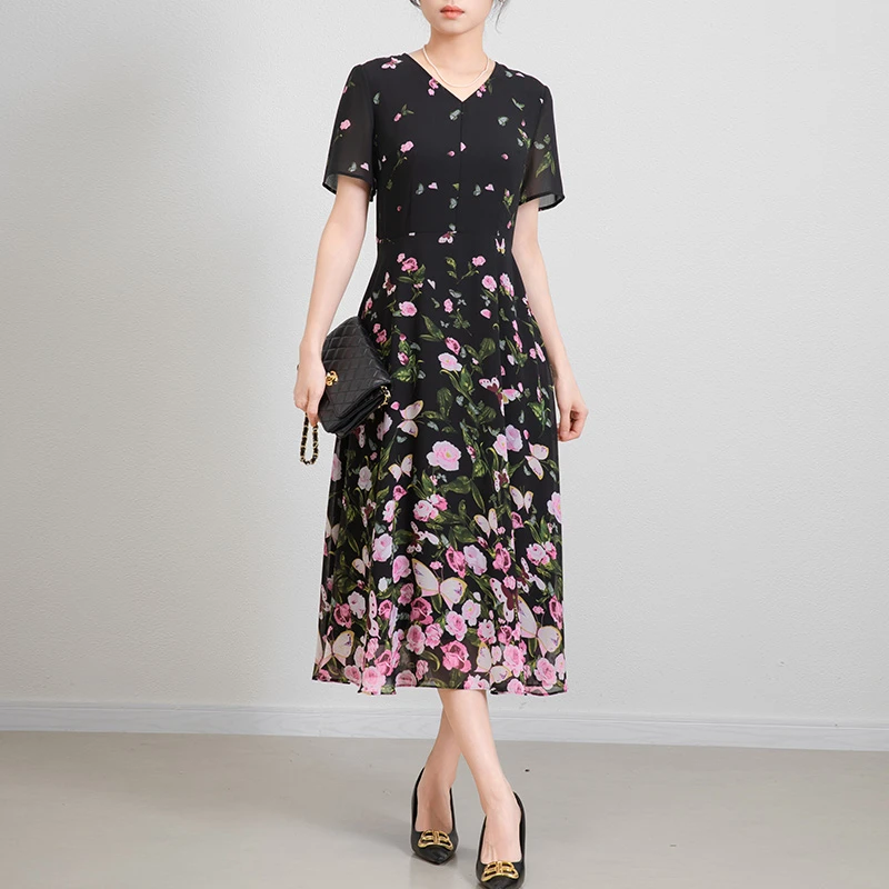 25089 夏季印花连衣裙黑色气质拼接中长裙职业裙子碎花显瘦时尚