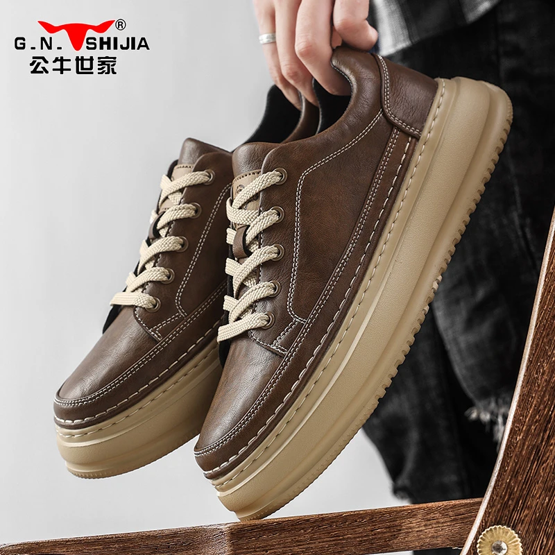 公牛世家男鞋秋款2024新款舒适软皮休闲皮鞋男复古时尚低帮休闲鞋