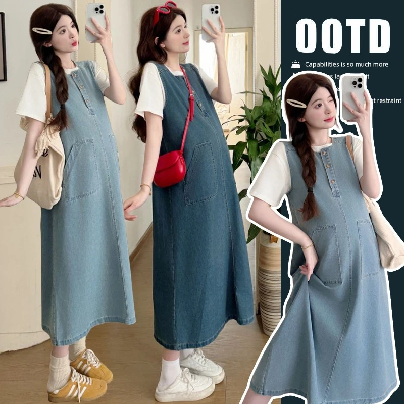 孕妇装新款2025春夏宽松复古百搭牛仔裙宽松显瘦连衣裙+上衣套装