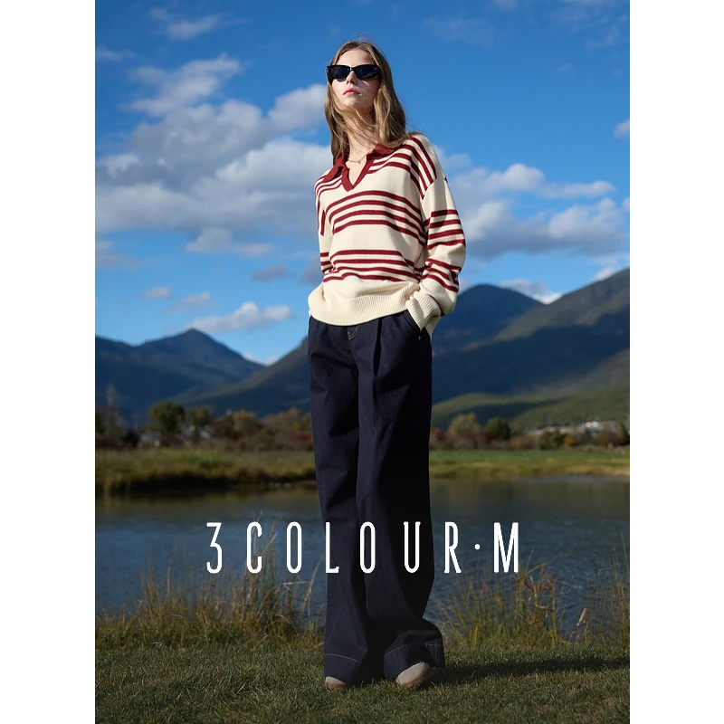 三彩2025春季新款法式条纹针织衫翻领毛衣宽松落肩袖毛衫套头M