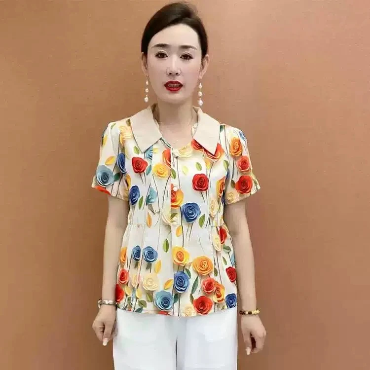 9615-妈妈夏装短袖T恤上衣服女装夏季薄款翻领印花小衫【a21-3-1】