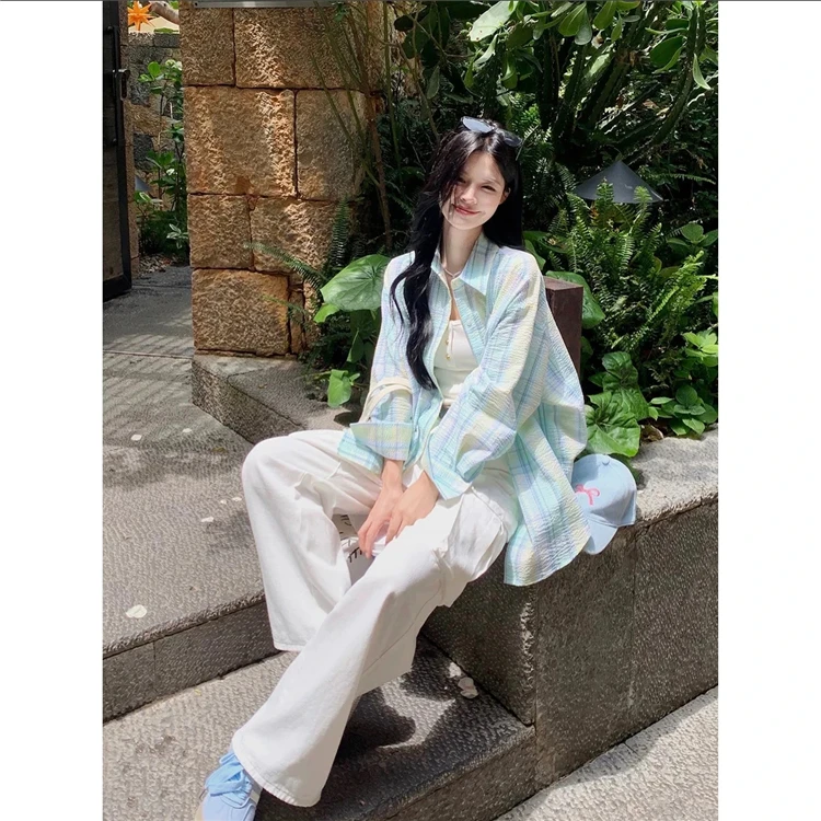 小清新薄荷绿polo领格子衬衫女2024新款幂式穿搭长袖衬衣外套百搭