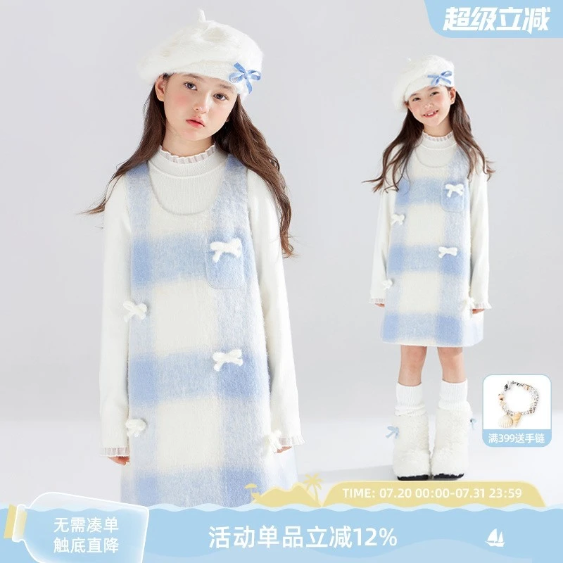 【雪国童话】毛绒蓝白格纹呢女童蝴蝶结背心裙冬季洋装舞台礼服