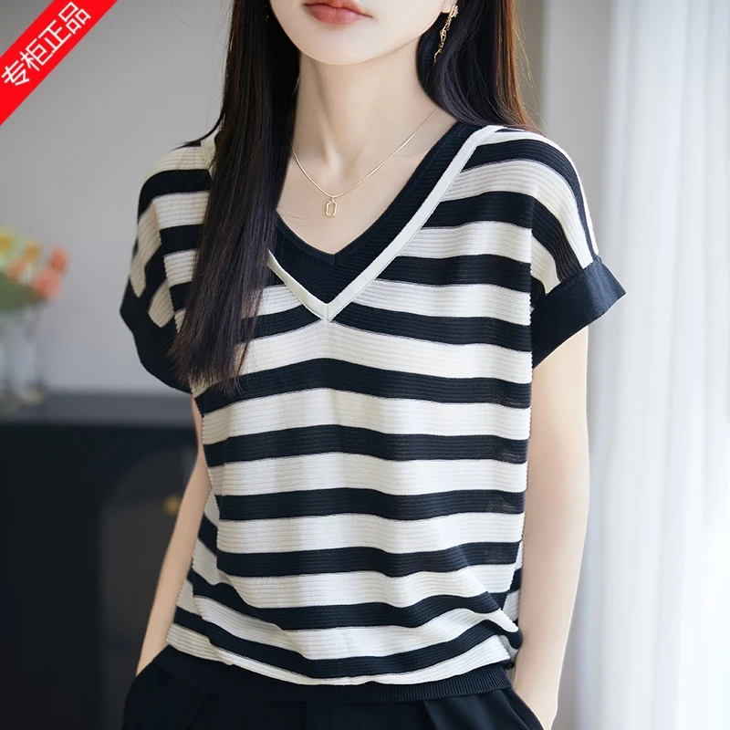 哥弟阿玛施正品夏季新款宽松双V领针织短袖女时尚气质假两件T恤薄