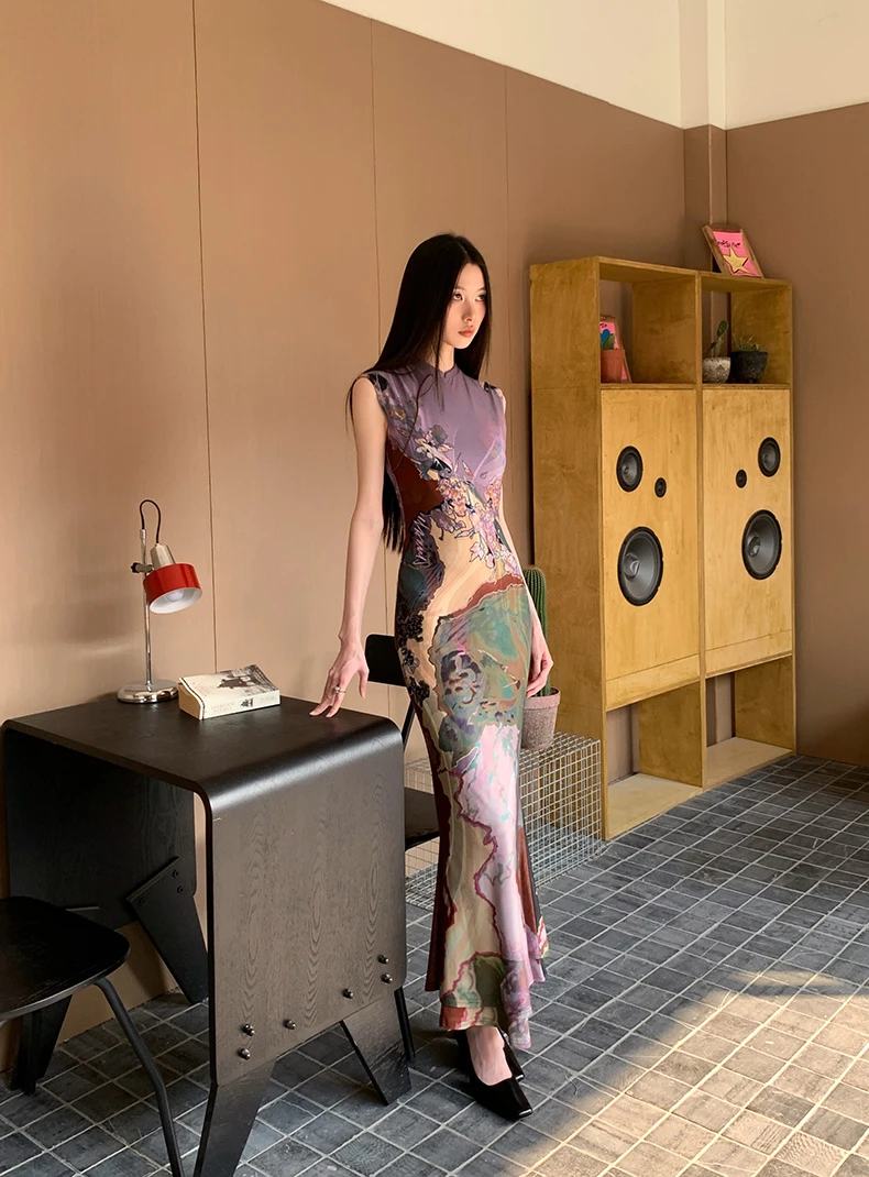 新中式撞色旗袍裙女夏季新款前后两穿连衣裙小众印花包臀鱼尾裙子