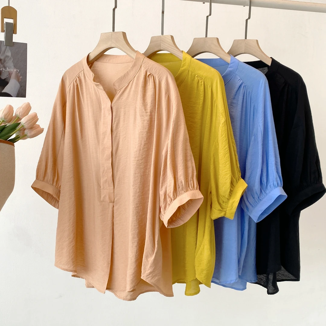 AMAZCOOL 设计感法式宽松半开领短袖衬衫6040