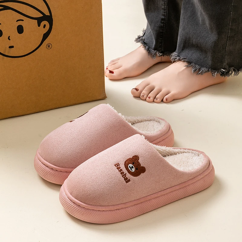 可爱小熊棉拖鞋女秋冬季室内居家保暖加绒防滑情侣款包头半拖鞋