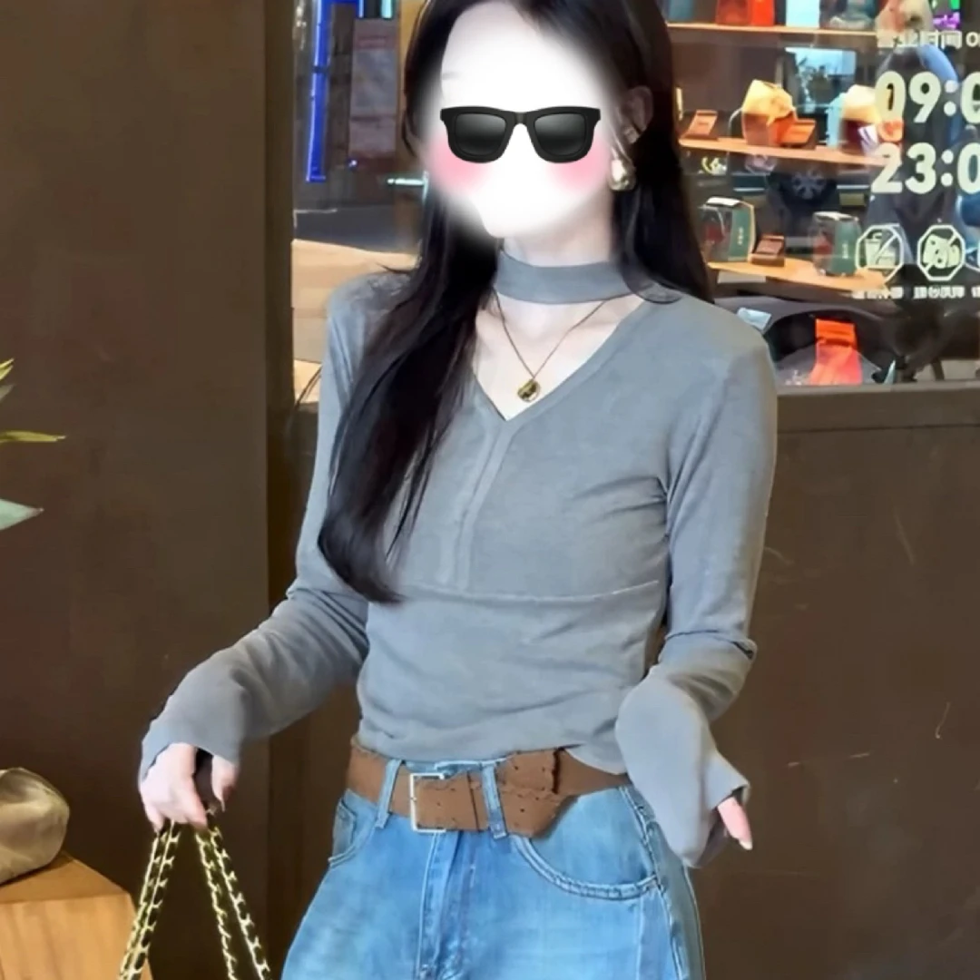 挂脖长袖常规V领常规款T恤打底衫6136