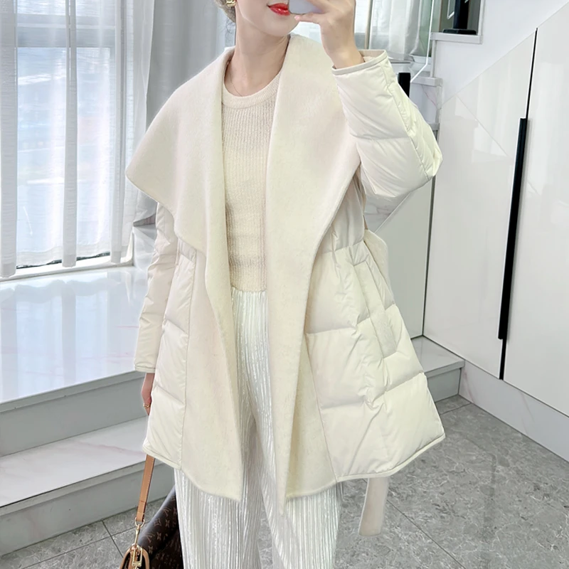 2025冬新款鹅绒羽绒服外套女小个子轻薄双面呢羊毛大衣腰带显瘦