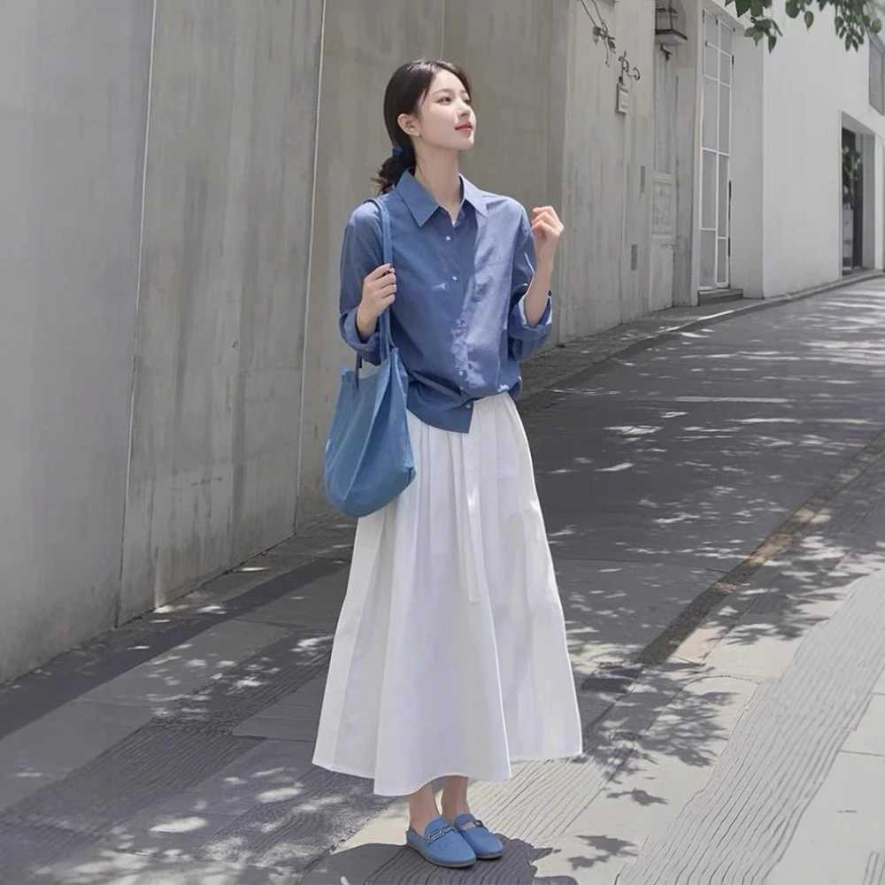 春上新！今年流行的漂亮蓝色衬衫套装裙气质韩版时尚洋气两件套女