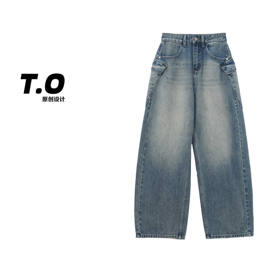 TO【B1089】美式复古设计水洗做旧高街风百搭高腰弯刀牛仔裤