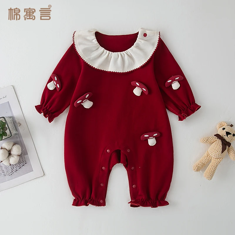 婴儿公主风连体衣春秋季纯棉长袖哈衣女宝宝红色礼服外出服爬爬服