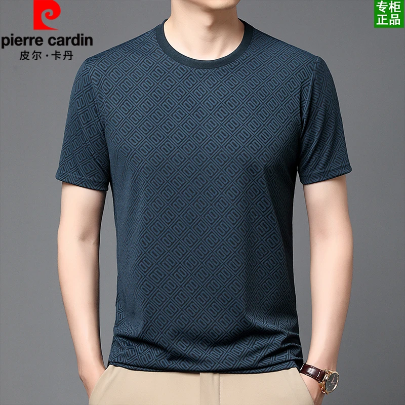 皮尔卡丹男款高档轻奢圆领烫印短袖T恤.2025夏季商务休闲百搭短袖