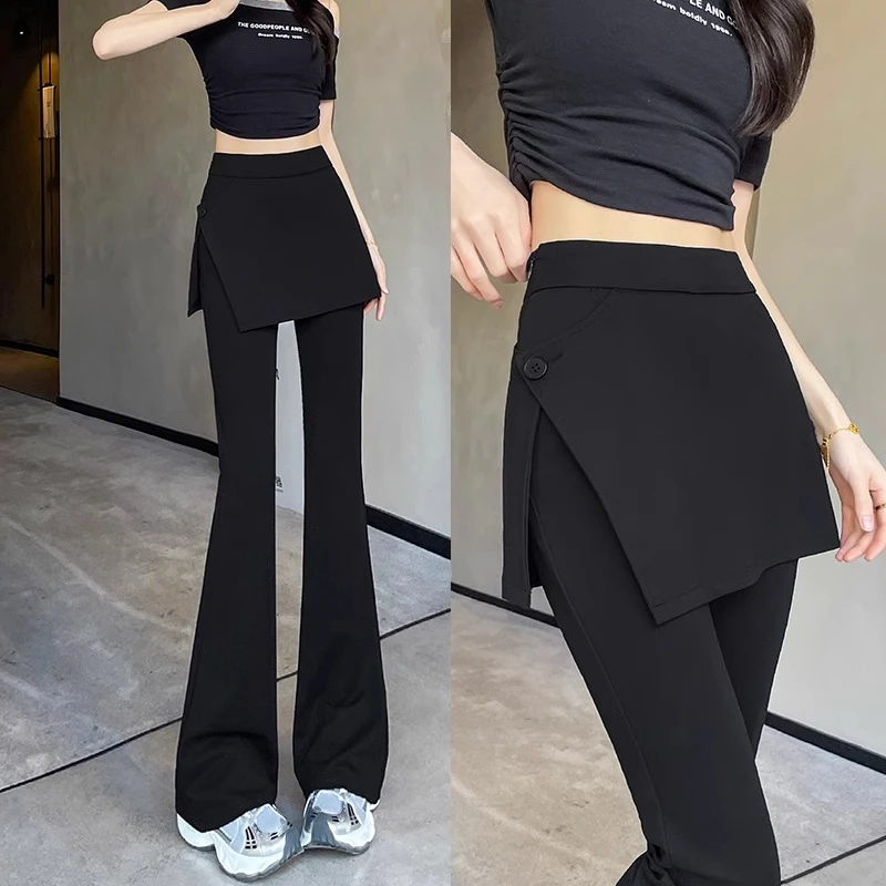黑色喇叭裤女高腰显瘦假两件一体西装裙裤微喇裤子春夏季2025新款