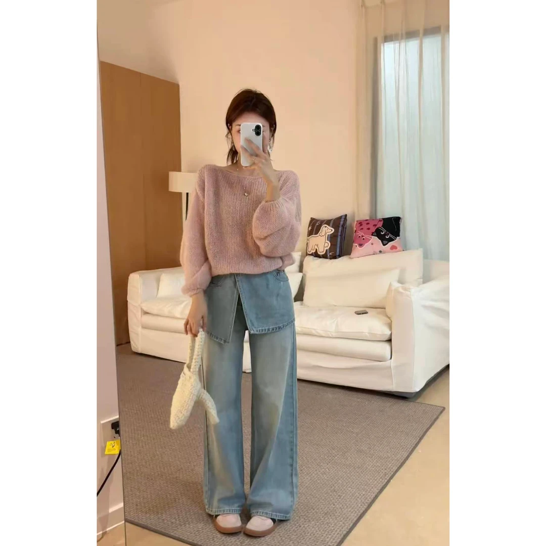 2025秋季韩系复古粉色宽松针织毛衣＋带屁帘可拆卸高腰牛仔裤