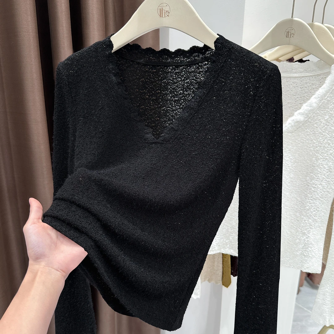 高档次基础款V领长袖上衣女2025冬季新款酷飒潮流百搭内搭打底衫