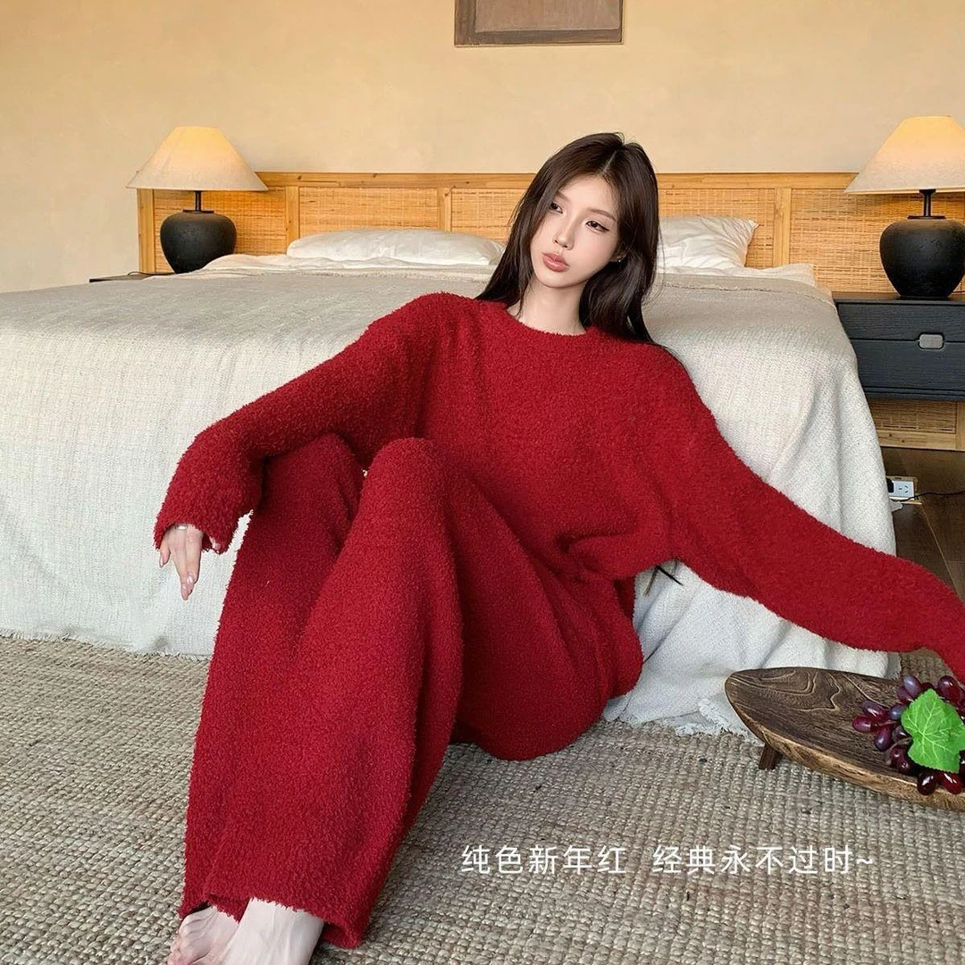 软绵绵半边绒睡衣女秋冬季加厚毛绒保暖本命红色珊瑚绒家居服套装