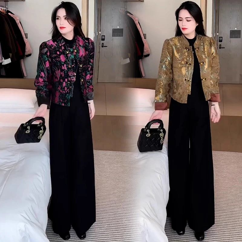 新中式时尚短款棉衣外套女2025冬季洋气显瘦国风提花夹棉保暖棉服