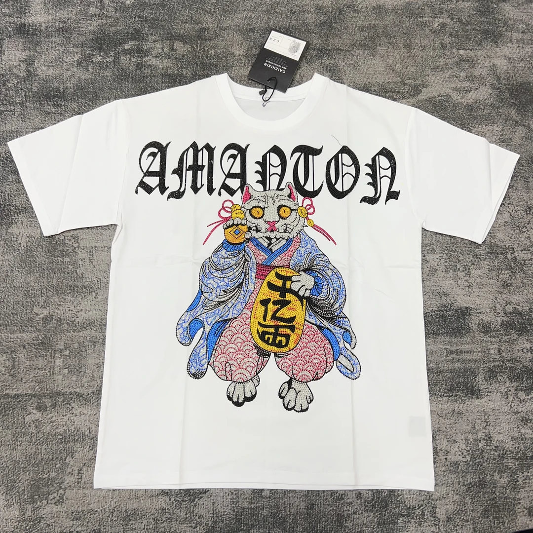 休闲短袖百搭设计师粘钻潮流圆领招财猫男士上衣黑色T恤流行11552