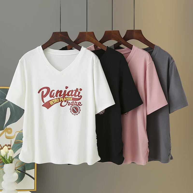 （优尼kou专属）2025夏季大码女装莫代尔V领印花立体剪裁短袖T恤